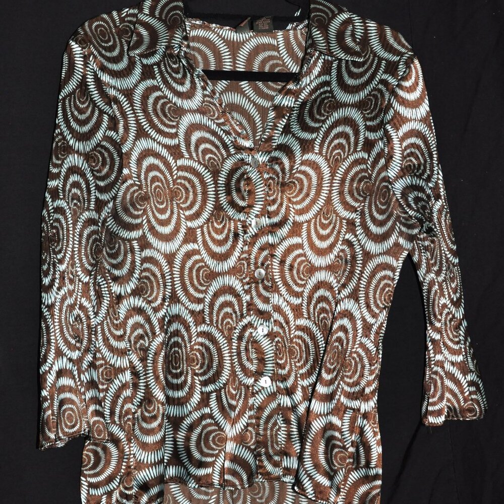 Sere Nade New York Brown and Blue Button Down Light Weight Blouse XL